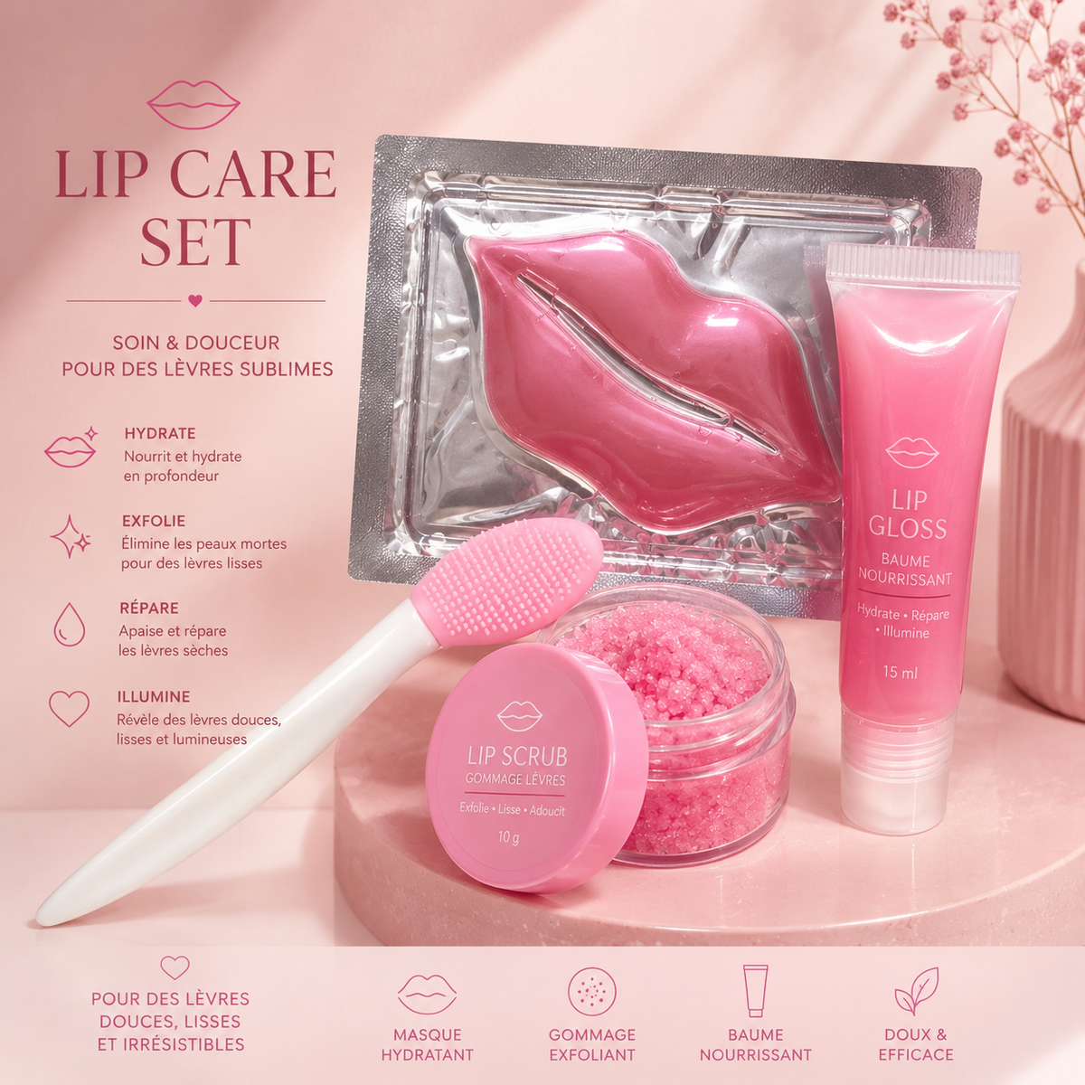Kit Lèvres Roses – Gommage, Masque et Baume